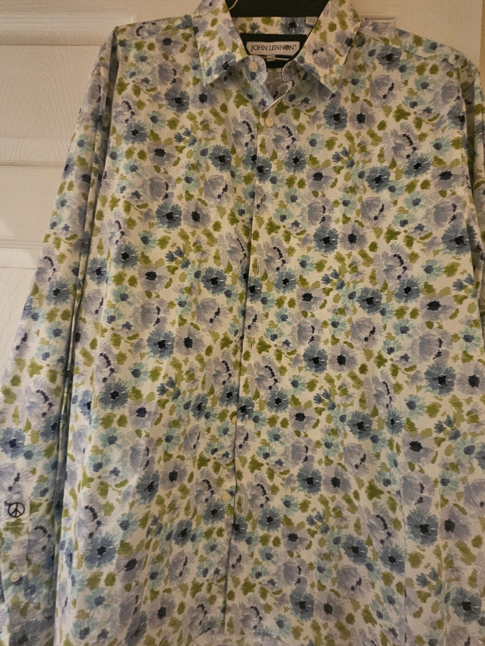 John Lennon Hippie Floral Cotton Mod Artsy Button-Down Shirt in Blue Green 2XL